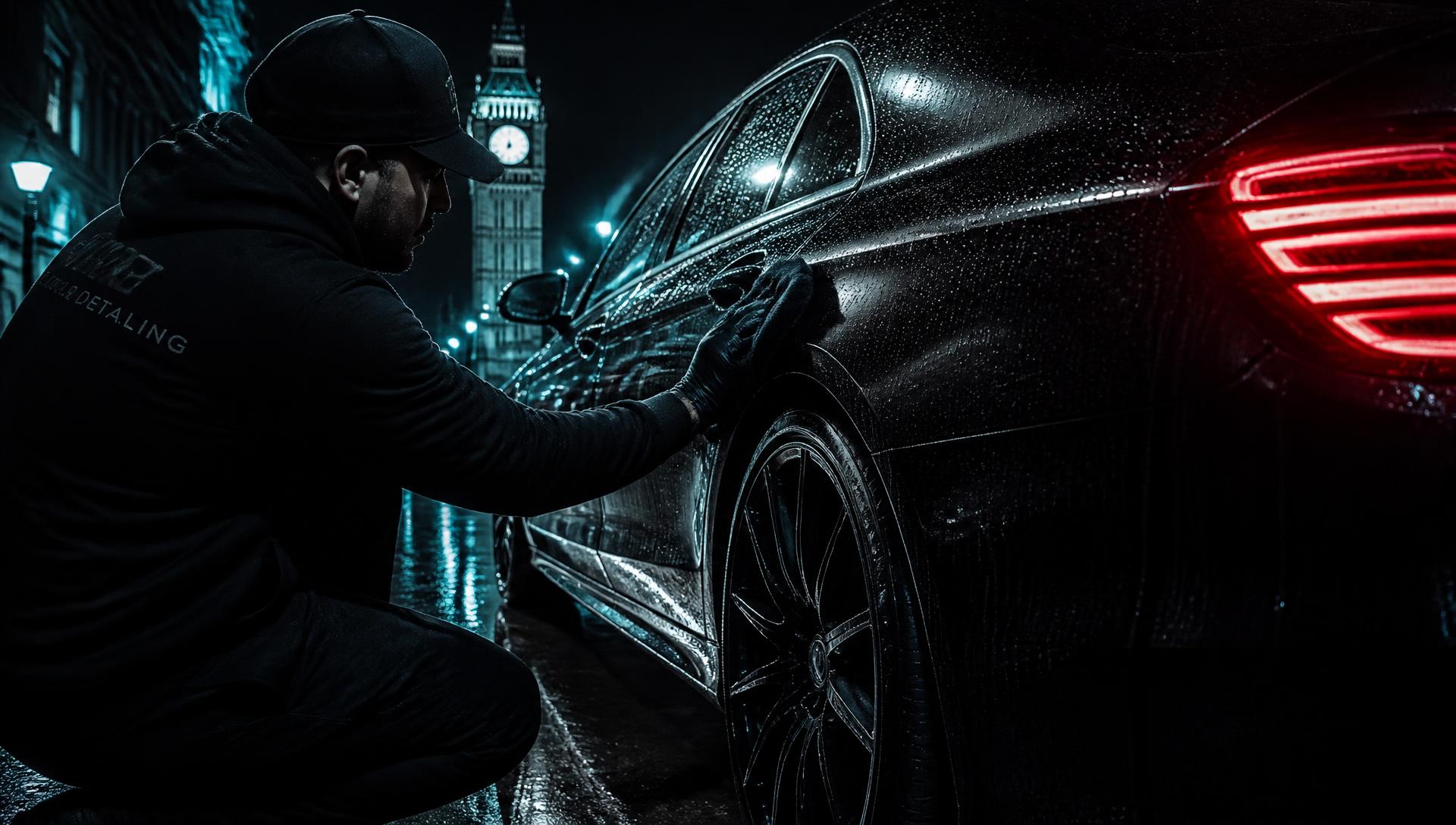 DT Detailing technician hand-polishing a black car on a London street at night